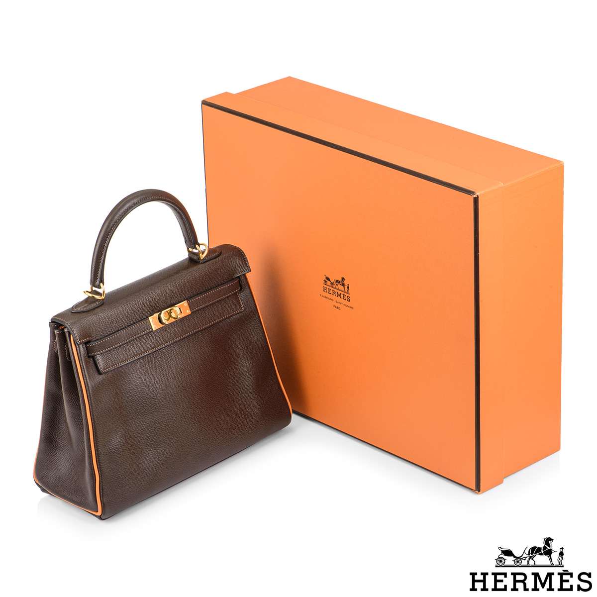 Hermés Vintage HSS Special Order Kelly 25cm Chocolate & Orange H Epsom GHW